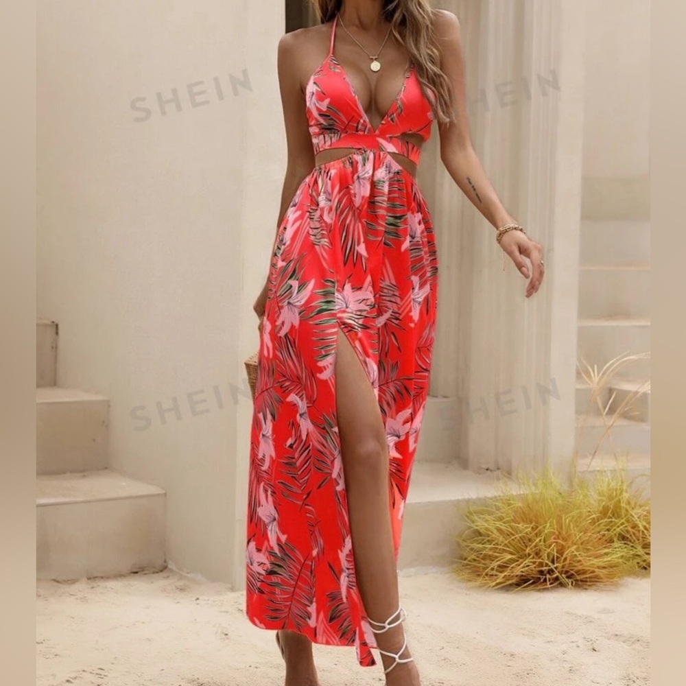 Watermelon Pink Sexy Tropical Backless Halter Maxi Dress Thigh Slit Small